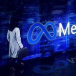 Rear view of businesswoman carrying a suitcase while walking with metaverse word in cyberspace with virtual screen background